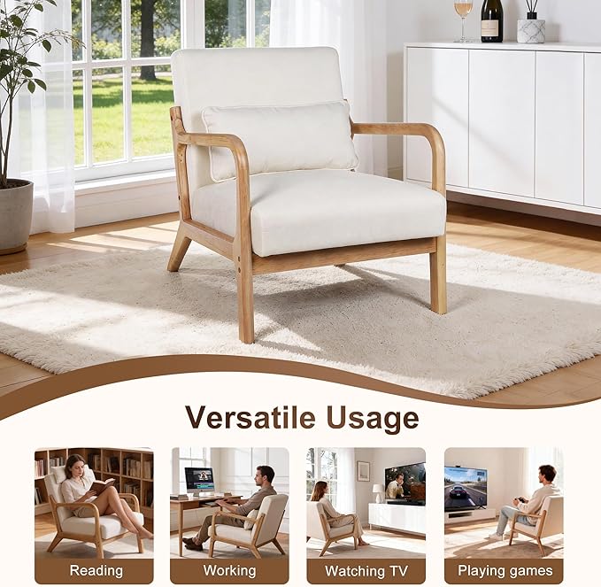 Mid Century Accent Chair Comfy Arm Chair with Solid Wood Frame Upholstered Modern Chair for Living Room Bedroom Waiting Room Beige