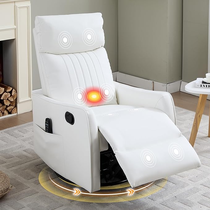 Manual Swivel Rocker Recliner Chair for Adults Overstuffed Glider Chair for Nursery with Massage and Heat Living Room Reclining Chair Faux Leather White