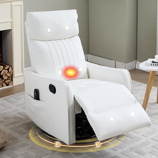 Manual Swivel Rocker Recliner Chair for Adults Overstuffed Glider Chair for Nursery with Massage and Heat Living Room Reclining Chair Faux Leather White