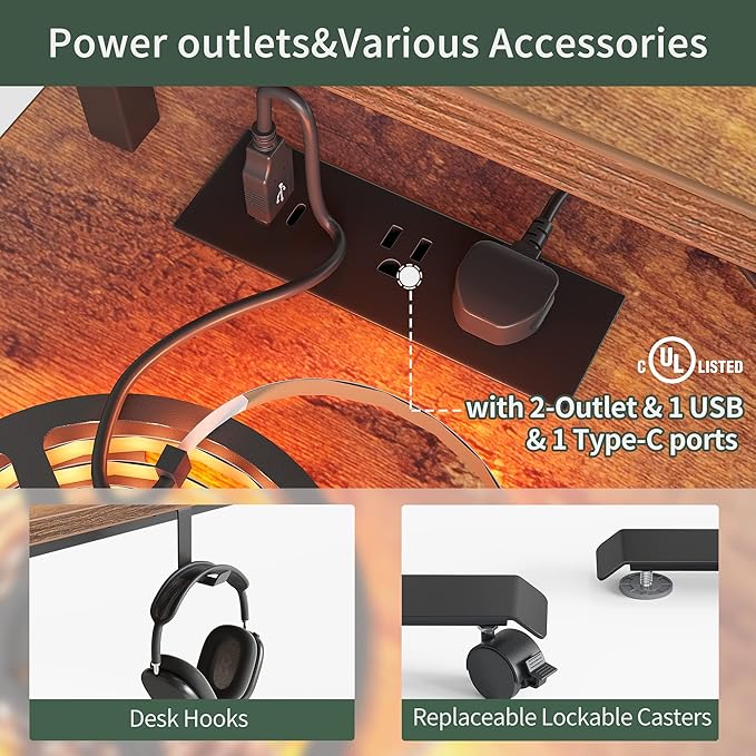 FEZIBO 63 Triple Motor L Shaped Standing Desk with LED Strip &amp Power Outlets Height Adjustable Stand up Corner Gaming Desk with Ergonomic Monitor Stand Rustic Brown Top/Black Frame