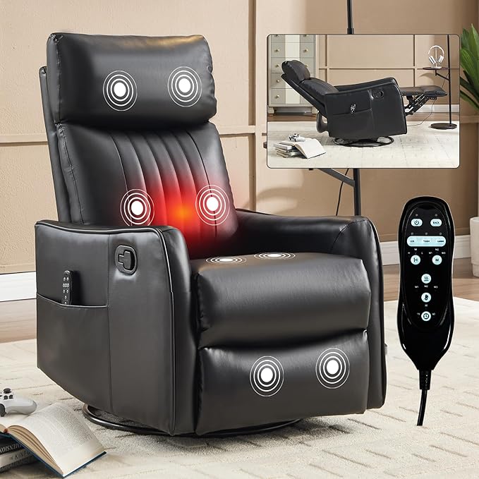 High Back Massage Recliner with Heat - Swivel Rocking Chair for Small Spaces Manual Lazy Boy Recliner for Adults Perfect for Living Room &amp Bedroom Soft Fabric (Black PU)