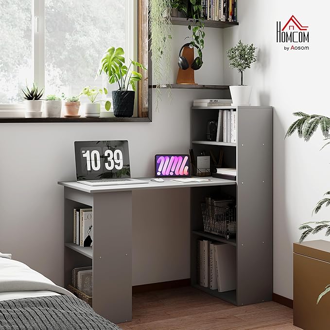 HOMCOM Modern Home Office Desk with 6-Tier Storage Shelves 47 Writing Desk with Bookshelf Gray