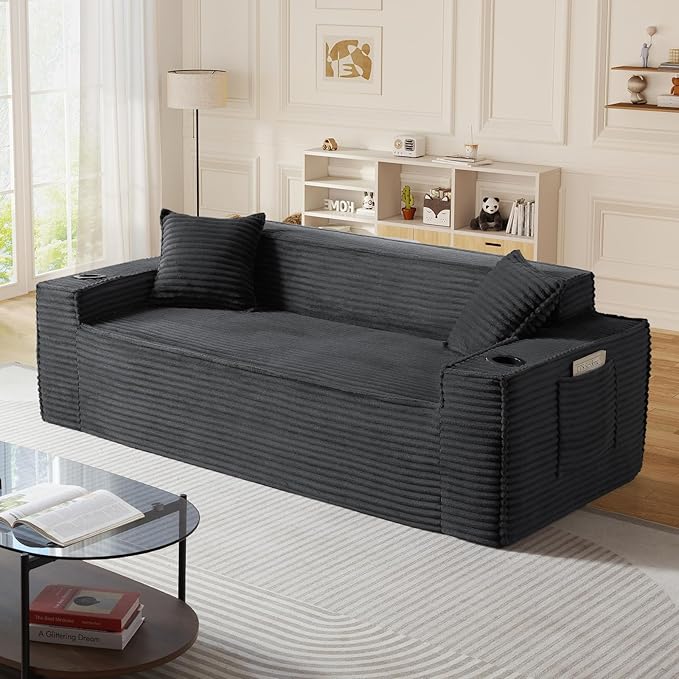 Boneless Corduroy 3-Seater Sofa 80.7-Inch Oversized Comfy Cloud Deep Seat Loveseat Sofa with Cup Holder Modern Couch for Living Room Bedroom No Assembly Grey