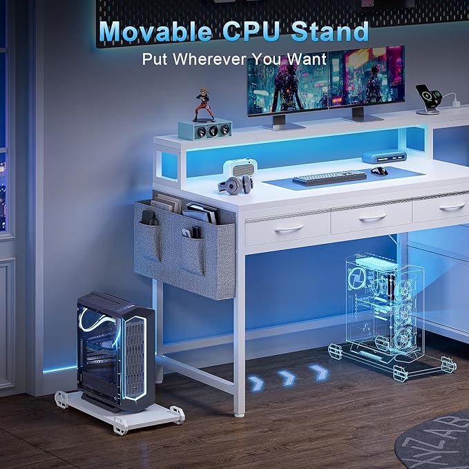 REAHOME 61 Inch Gaming Desk with Charging Station and LED Lights Reversible Computer Desk with Storage Drawer and Monitor Stand Modern Desk Table with File Cabinet &amp Side Pocket Carbon Fiber Wh