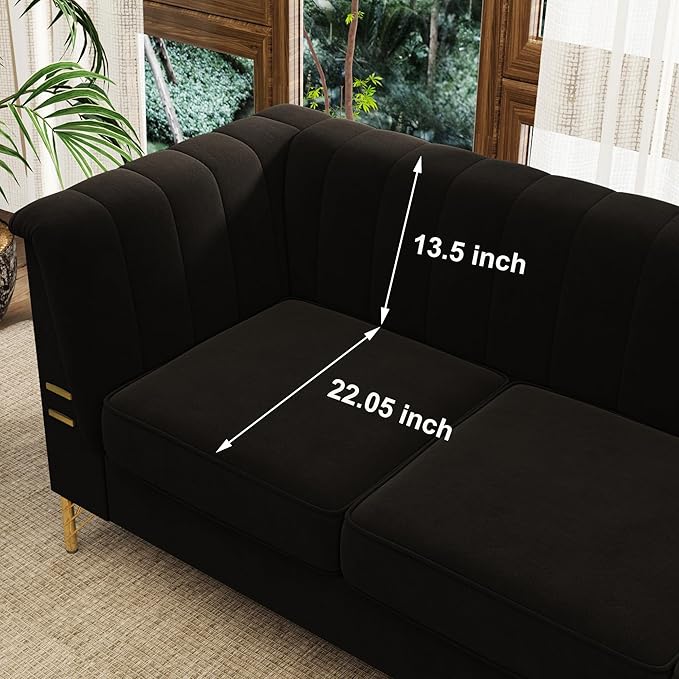 2 Piece 84'' L Modern 3 Seater Black Velvet Sofa Couches with Metal Gold Legs for Living Room Mid Century Classic Tufted Chesterfield Sofa Set for Apartment Office Home