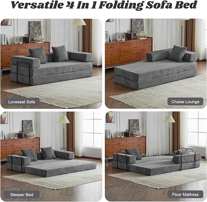 Folding Sofa Bed Modular Sectional Cloud Couch Convertible Sleeper Sofa Bed with Pillow Back Support Armrest for Living Room Bedroom Lounge No Assembly Required Corduroy (Dark Grey)