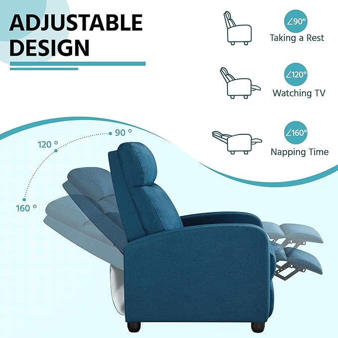 Yaheetech Fabric Recliner Sofa Modern Single Recliner Sofa Home Theater Seating with Thick Seat Cushion Backrest and Pocket Spring Blue