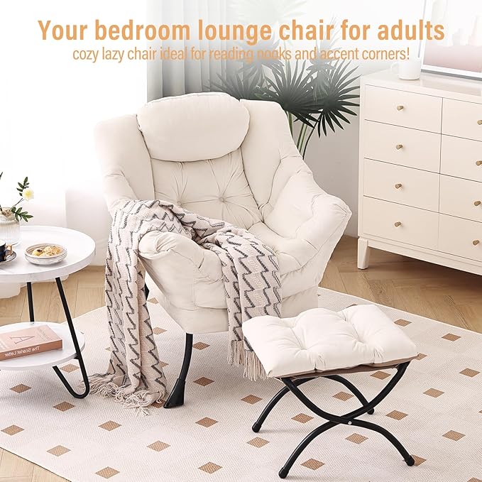 Lazy Chair with Ottoman Modern Chair with Folding Footrest Lounge Accent Chair Comfortable Reading Chair Oversized Armchairs for Bedroom Study Living Room Courtyard (Beige)