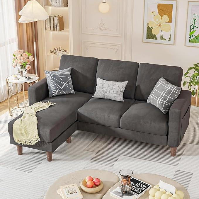 Homall Convertible Sectional Sofa 3 Seat L Shaped Couch with Side Storage Pocket Sofas with Movable Ottoman Small Linen Couches for Living Room &amp Apartment (Linen Fabric Dark Grey)