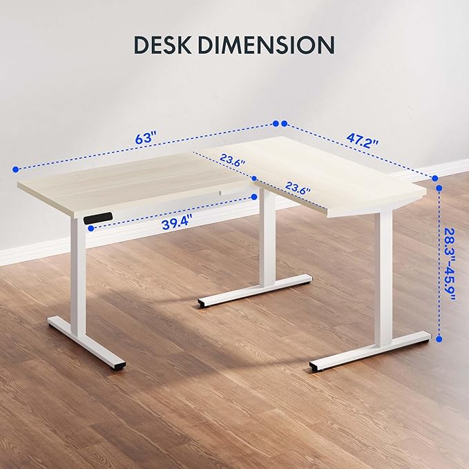FLEXISPOT L Shaped Standing Desk 63 x 47 Inch Electric Height Adjustable Corner Desk Sit Stand Computer Workstation Preset Controller Home Office White Frame with Maple Top