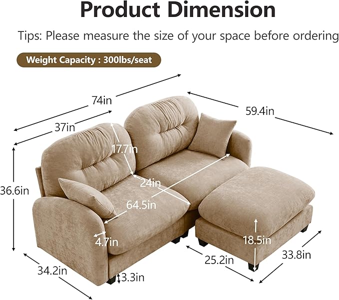 mikibama 74 Chenille Loveseat with OttomanModern Modular Sectional L-Shaped 2 Seater Cloud Sofa with Deep SeatL Shape Couch with Chaise Lounge Curved Arms for Living RoomSmall Spaces(Camel2S+1O)