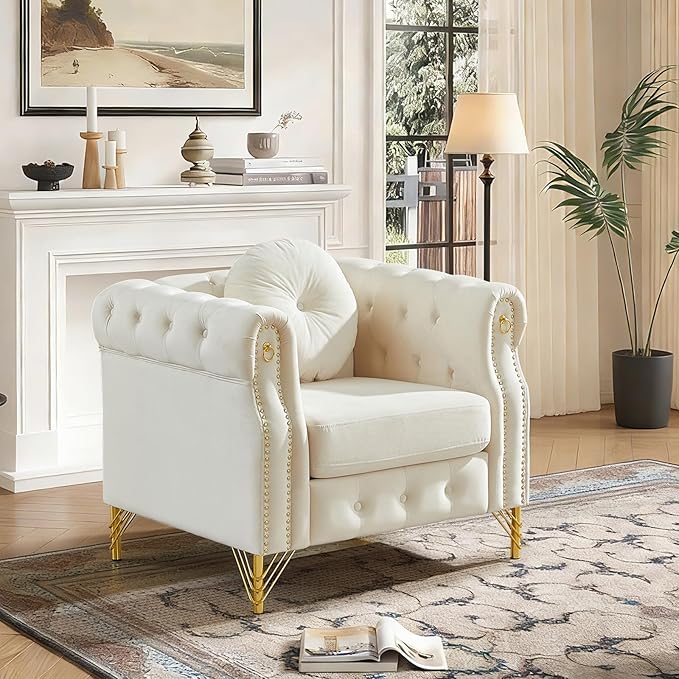 Chesterfield Velvet Button Tufted Sofa 37 inch Modern Deep Seater Couch Retro Style Upholstered Comfy Single Chair for Living Room Bedroom Apartment Office Beige
