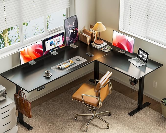 Casaottima 71 Inch Reversible Electric L Shaped Standing Desk Height Adjustable Corner Stand up Desk Ergonomic Large Lift Table for Home Office Workstation Reception Room Black