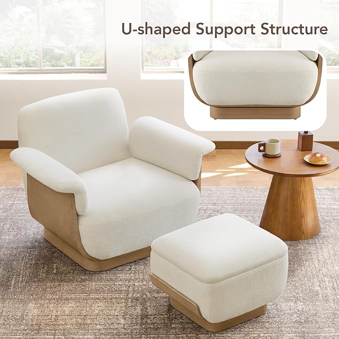 CHITA Fabric Swivel Chair with Storage Ottoman Modern Living Room Accent Chair with Lounge Seat for Bedroom Office Cream