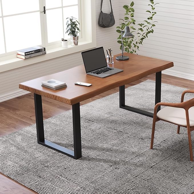 Solid Wood Office Desk 47.24 Tan Executive Computer Desk with Heavy-Duty Metal Base Multi-Purpose Desk/Dining Table Ideal for Home Office &amp Work Environments