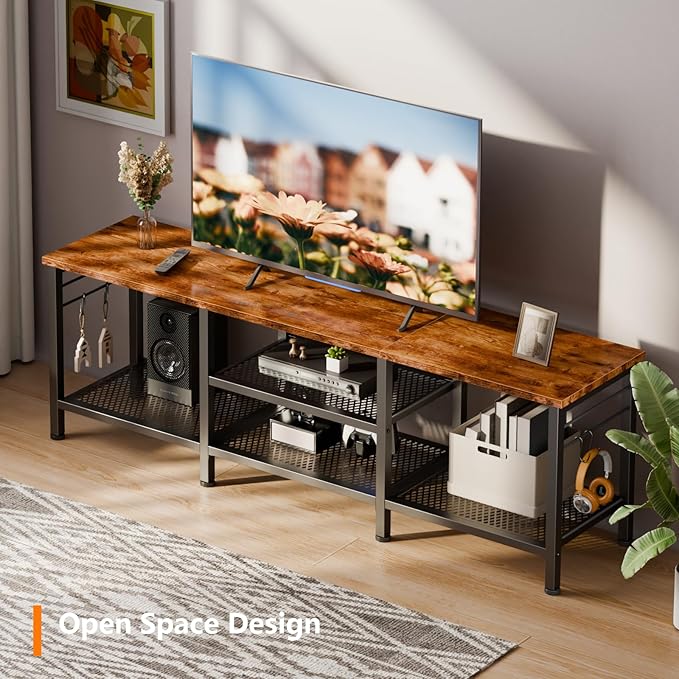 Furologee TV Stand for TVs up to 65 Inch Entertainment Center with Open Storage Shelves 55 Inch Television Stands with Soundbar Shelf for Living Room Bedroom Rustic Brown