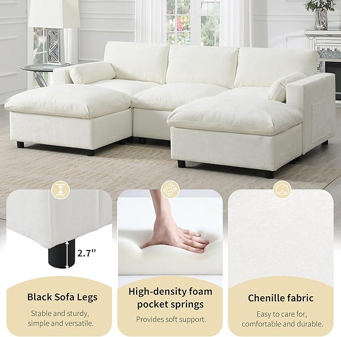 Merax 86.5 Sectional Sofa with Storage &amp Ottomans-Cream 5-Seater Sleeper Cloud Couch Space Saving Convertible L/U Shaped Sofa Set Chenille Upholstered Couches Bed for Living Room &amp Apartmen