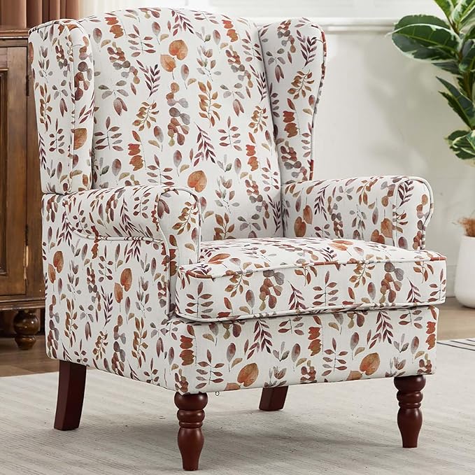 Vintage Floral Accent Chair Wingback Chair with Arms for Living Room Antique Occasional Side Chair|High Back|Ticken Seat Cushion|Fabric Upholstered (Blue) (Brown Yellow A)