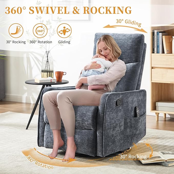 Small Swivel Rocker Recliner Chair for Nursery Heat &amp Massage Manual Upholstered 360° Fabric Glider Chair Small Recliners for Small Spaces Living Room (Blue)