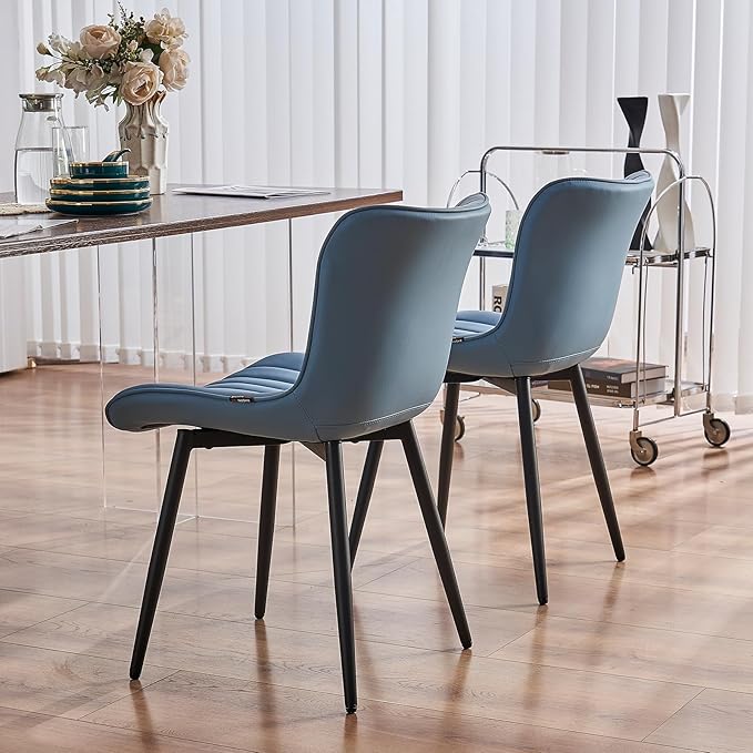 YOUNUOKE Mid-Century Modern Dining Chairs Set of 2 Blue PU Leather Upholstered Kitchen Chairs with Black Metal Legs Armless Accent Chair for Dining Room Guest Reception Room