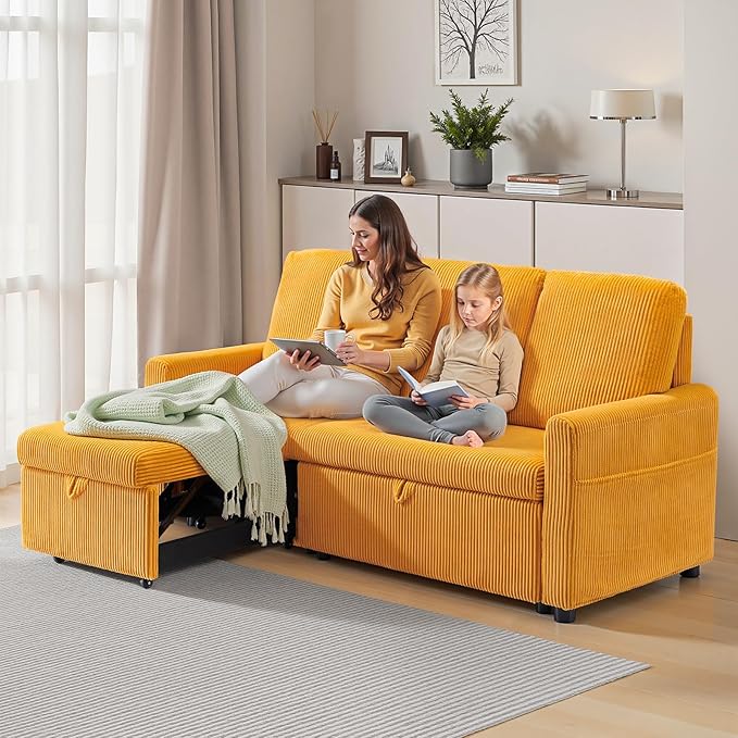 Convertible Sectional Sofa Couch 71 Corduroy Fabric Modern 3 Seater L-Shaped Sofa with Reversible Chaise &amp Seats Storage Deep Seat Sleeper Couch for Living Room Small Spaces Yellow