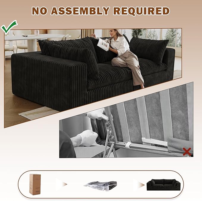 78.8 Modular Cloud Loveseat Couch Corduroy Boneless Couch with Foam &amp Removable Cushion Modern Lounge Sofa in a Box No Assembly Required Upholstered Sofa for Living Room (Black)
