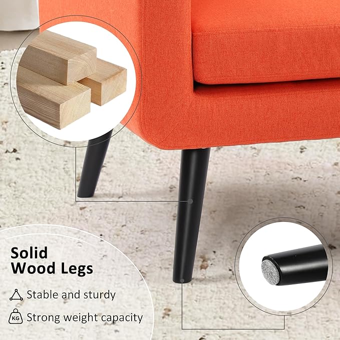 LSSPAID Accent Chairs Set of 2 Modern Orange Linen Fabric Living Room Chairs Comfy Upholstered Armchairs Single Sofa Chair with Solid Wood Legs for Apartment Reading Office