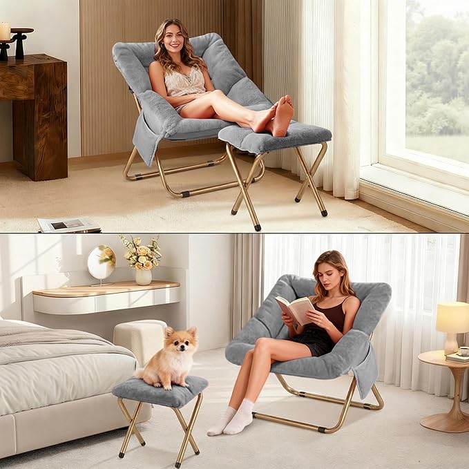Comfy Saucer Chair for Adults Foldable Living Room Chairs Soft Faux Fur Lounge Chair for Bedroom Reading Chairs X-Large (Ottoman-Grey)