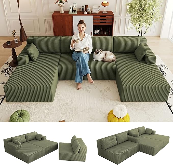 124 Corduroy U-Shaped Sectional Sofa Modern Modular Boneless 4-Seater Couch with 6 Pillows Upholstered Deep Seat DIY Cloud Sofa for Living Room No Assembly Required (Green)