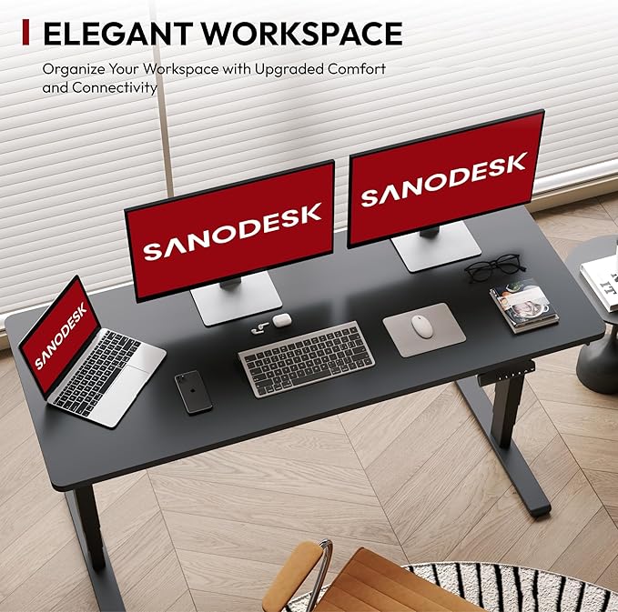 SANODESK Standing Desk with Dual Motor 3-Stage Lifting Column Handset with 3 Preset and Sit-Stand Reminder - 60 inch One-Piece Black Desk/Black Frame Height Adjustable Desk for Home and Office