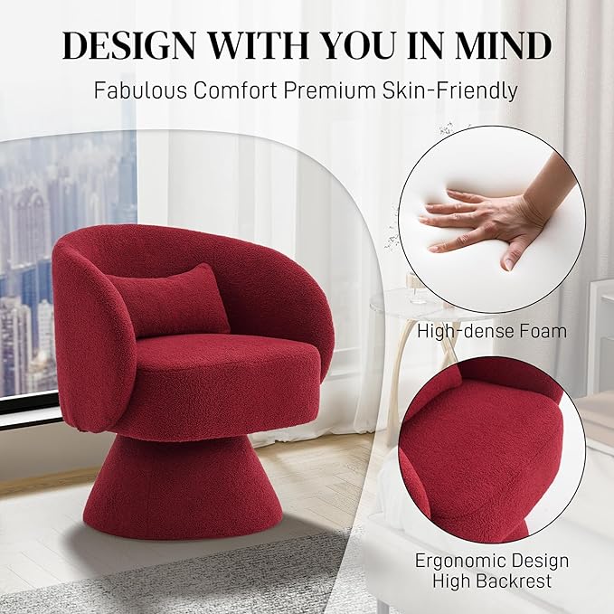 Swivel Barrel Chair Set of 2 Upholstered Swivel Cuddle Accent Chairs for Living Room Comfy 360°Small Round Boucle Sherpa Barrel Armchair for Bedroom Nursery (Red Teddy)