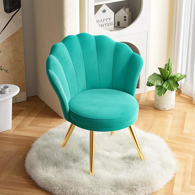 Velvet Accent Chair with Gold Metal Legs Vanity Chair for Makeup Room Upholstered Guest Chair for Living Room Side-Chair for Bedroom Cyan