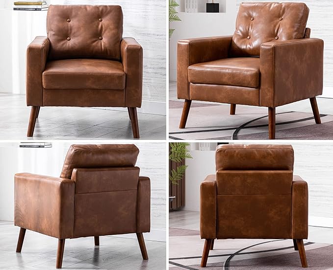 VESCASA Tufted Accent Arm Chairs with Wood Legs Faux PU Leather Comfy Upholstered Single Sofa Mid Century Modern Side Club Leisure Chairs for Reading/Living Room/Bedroom Set of 2 Caramel