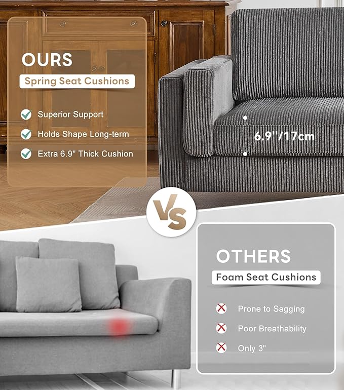 Tbfit 85 Corduroy Couch for Living Room 3 Seater Mid Century Modern Sofa with Spring Cusions &amp Extra Deep Seat for Bedroom Small Comfy Upholstered Couches Easy Assembly with Solid Wood Legs Gr