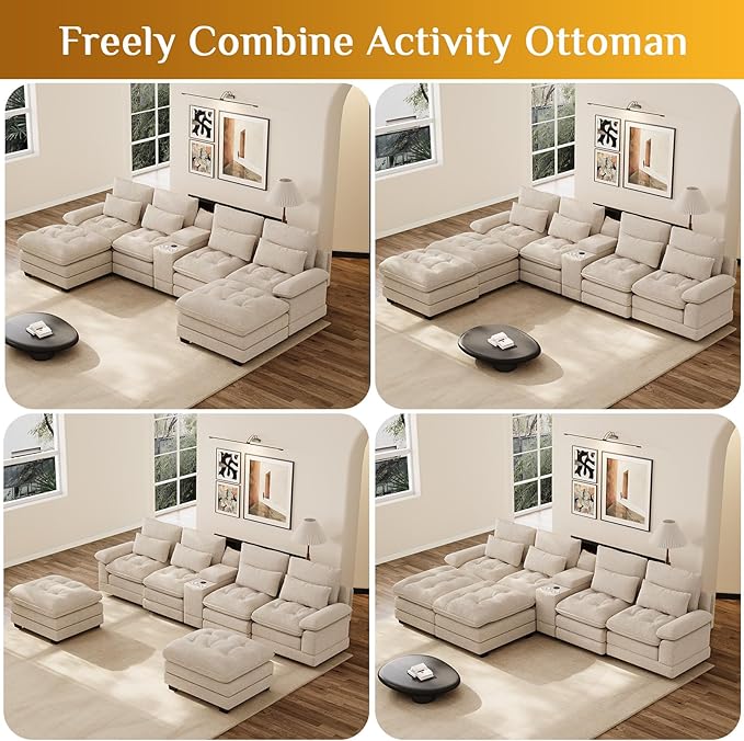 134 Oversized Brown Sectional Couches for Living Room with Glitter Fabric Fluffy Couch with Chaise Lounge&ampTufted Buttons U Shaped Sofa Set Chenille 6 Seater Couch with 2 Ottoman &amp Storage