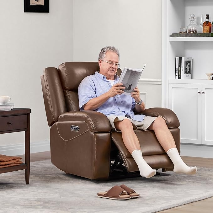 Watson &amp Whitely Genuine Leather Power Recliner Chairs for Adults Wall Hugger RV Recliner with Power Headrest &amp Charging Ports Electric Recliner Sofa Chair for Living Room Cafe