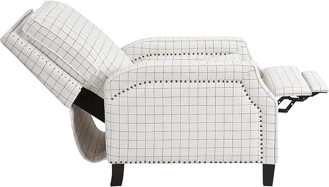 Lexicon Pushback Recliner Chair Plaid Textured Fabric Armchair Push Back Reclining Chair Nailhead Trim Solid Wood Legs Easy Assembly for Living Room/Office/Apartment Off-White