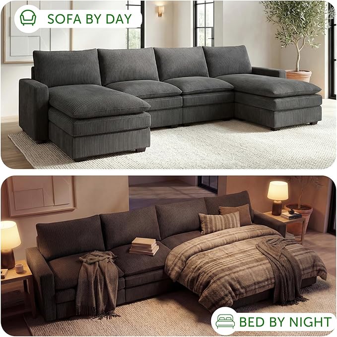 HONBAY 127.2 Inch Corduroy Cloud Modular Sectional Sofa with Chaise Deep Seat U-Shaped Couch with Storage for Living Room Apartment Small SpaceGrey