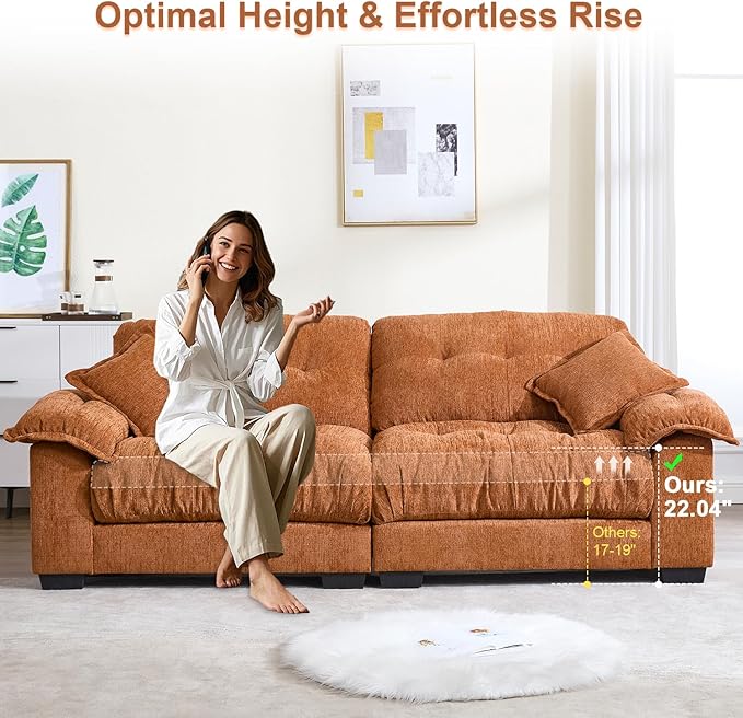90.5 Modular Cloud Sofa 2 Seater Couch Oversized Loveseat with Armrest Pillow Comfy Tufted Couch Deep Seat Love Seats for Living Room Apartment Small Space- Orange