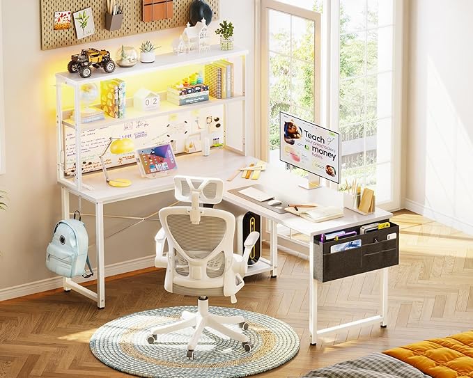 AODK L Shaped Desk Gaming Desk with LED Light &amp Power Outlet 53 Inch Reversible L Shaped Computer Table with Shelf Corner Desk with Storage Bag&ampHook for Home Office Desk White