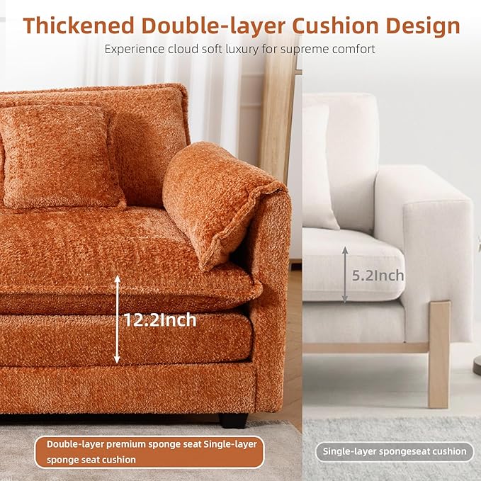 GNIXUU 112 Orange Cloud sectional Couch Modern Chenille L Shaped Couches for Living Room Comfy 4 seat Modular Sofa with Moveable Ottoman &amp Memory Foam