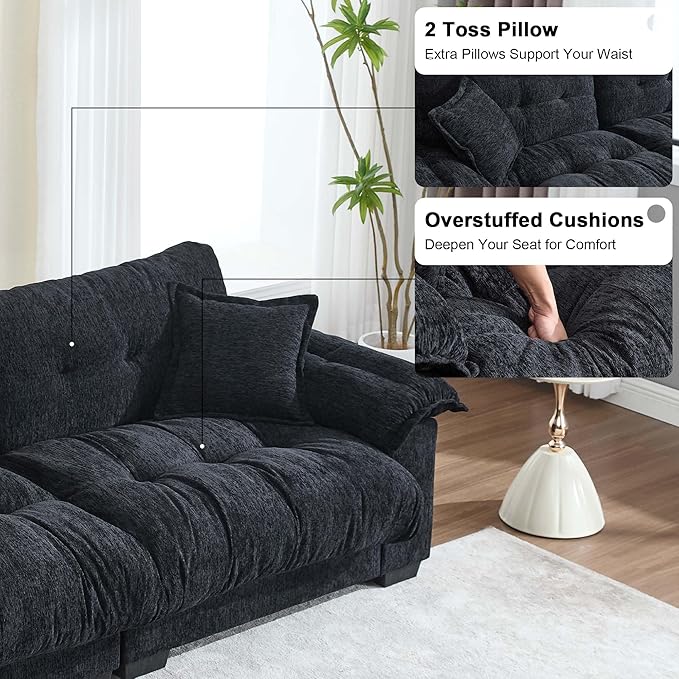 90.55 Black Loveseat Sofa for Living Room Cloud Couch Deep Sectional Sofa for Small Spaces 2 Seater Small Loveseat with Wide Armrest Pillows Comfy Sleeper Sofa Bed Black