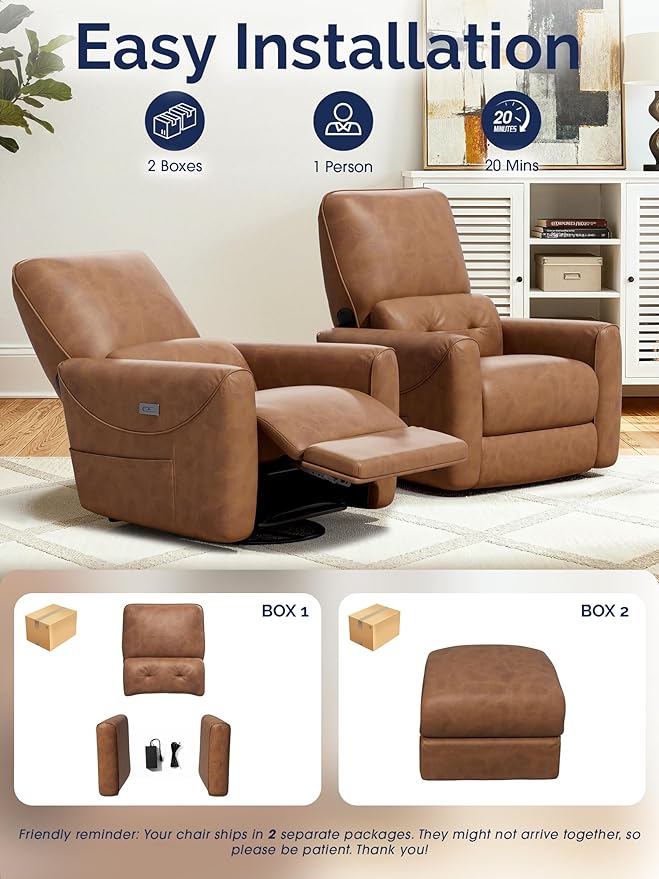 KINGYES Nursery Recliner Rocking Chair 270° Swivel Glider with Bluetooth Speaker &amp USB-C Port Faux Leather Nursery Rocking Chair Brown