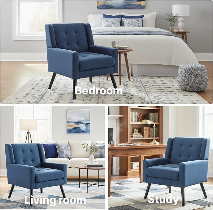 Mid-Century Modern Accent Chair Plush Linen Fabric with Button Tufted High Back &amp 5 Thick Cushion High Comfort Reading Chair for Living Room Bedroom Office (Blue)