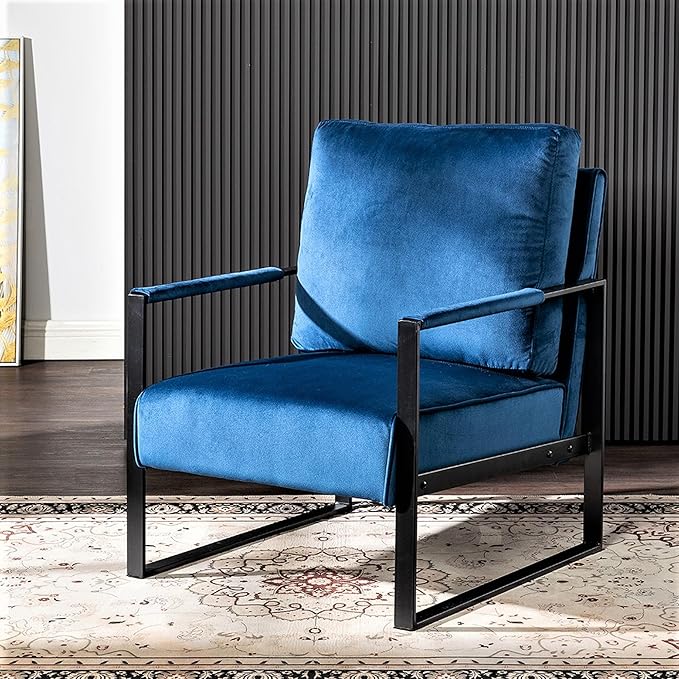 Modern Accent Chair for Living Room Bedroom Mid Century Arm Chair Velvet Office Accent Chair Reading Chair with Metal Frame for Balcony Lounge Blue Velvet