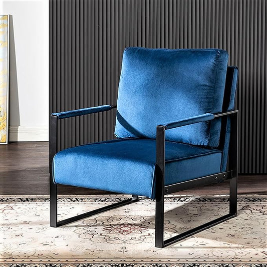 Modern Accent Chair for Living Room Bedroom Mid Century Arm Chair Velvet Office Accent Chair Reading Chair with Metal Frame for Balcony Lounge Blue Velvet