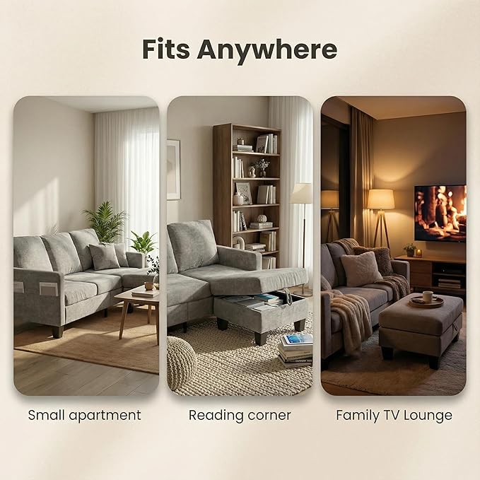 Furnimart Modern Small 3-Seater Sofa Set with Storage Ottoman Compact Couch for Small Space Chenille Fabric Solid Wood Frame Side Pocket &amp Storage Footstool Living Room Apartment(Grey)