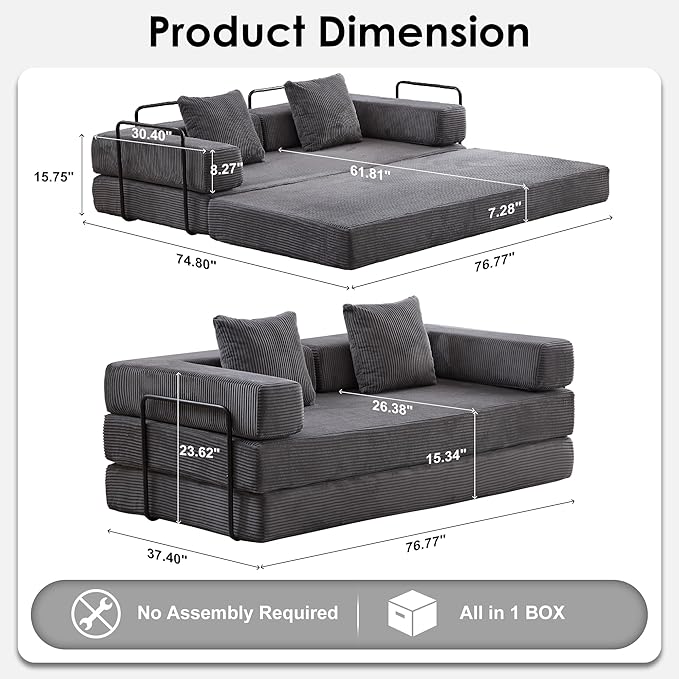 Convertible Sleeper Sofa Bed 78.5 Corduroy Foldable Loveseat Sleeper Sofa Queen to King Size Boneless Couch Bed for Living Room | No Assembly Required | Compression Sofa Dark Gray