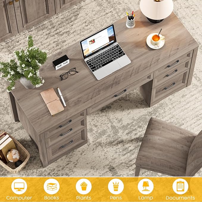 Vabches Farmhouse Executive Desk with File Drawer Home Office Desk with Ample Storage Rustic Office Desk with Spacious Tabletop for Work Grey