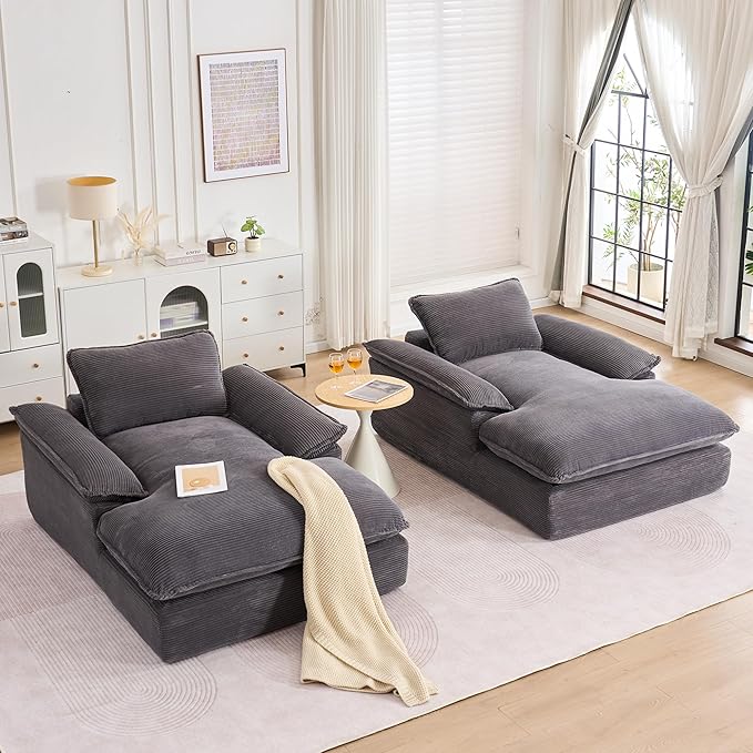 GNIXUU 67 Oversized Chaise Lounge Chair Indoor Corduroy Upholstered Boneless Sleeper Sofa Bed Comfy Large Reading Chair with Wide Armrests Plush Cloud Couch for Living Room Bedroom Gray
